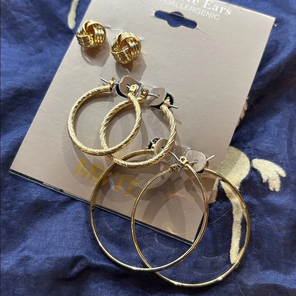 Brand New Gold Tone Textured Chunky Link Chain Necklace & Hoop Earrings Set